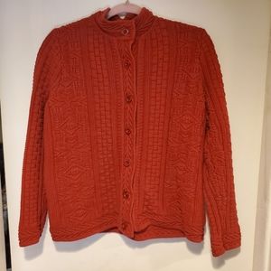 LL Bean Women's Chunky Cable Knit Cardigan Size L Vintage Red Cotton Sweater USA